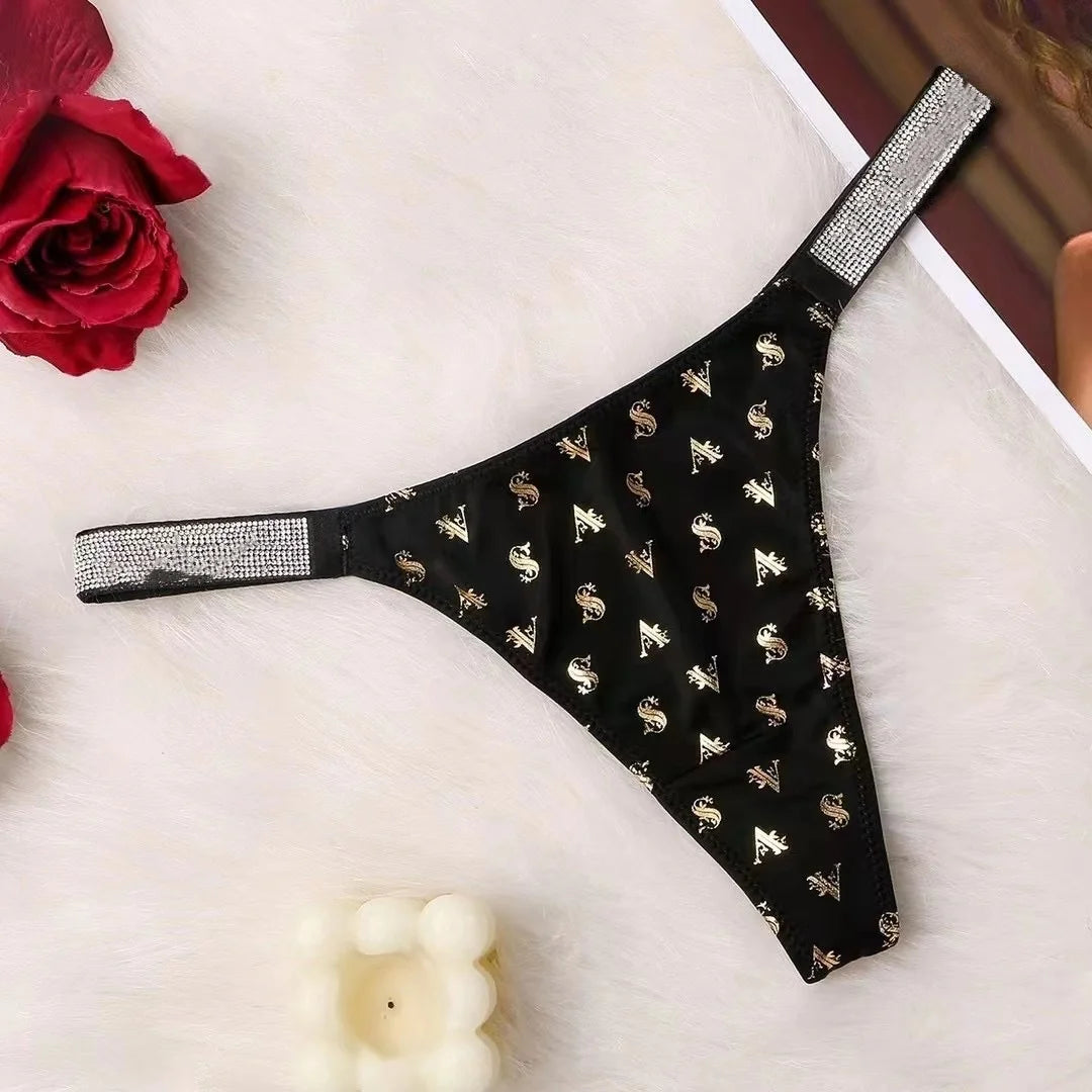 Fashion large size printed women's underwear comfortable rhinestone sexy underwear pink brand thong seamless t-pants metal chain