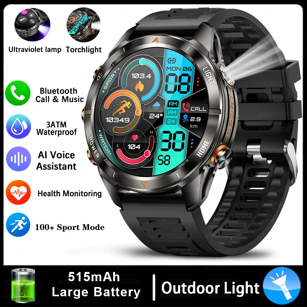 Military Smart Watch Men 10ATM Waterproof 1.46" AMOLED Screen LED Flashlight 515mAh Battery Heart Rate Sport BT Call Smartwatch