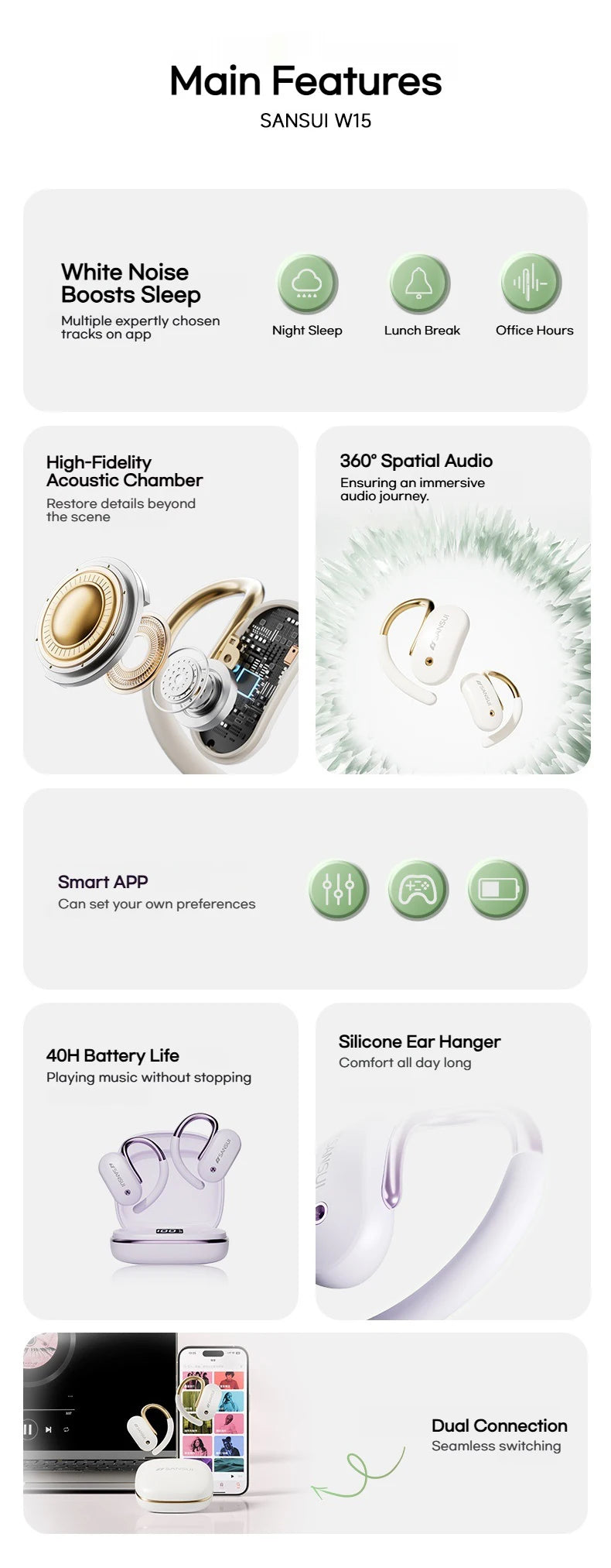 Sansui W15 Open Ear Bluetooth Earphones 360° Spatial Sounds Bluetooth 5.4 Headphone Sports Wireless Earbuds Dual Connection