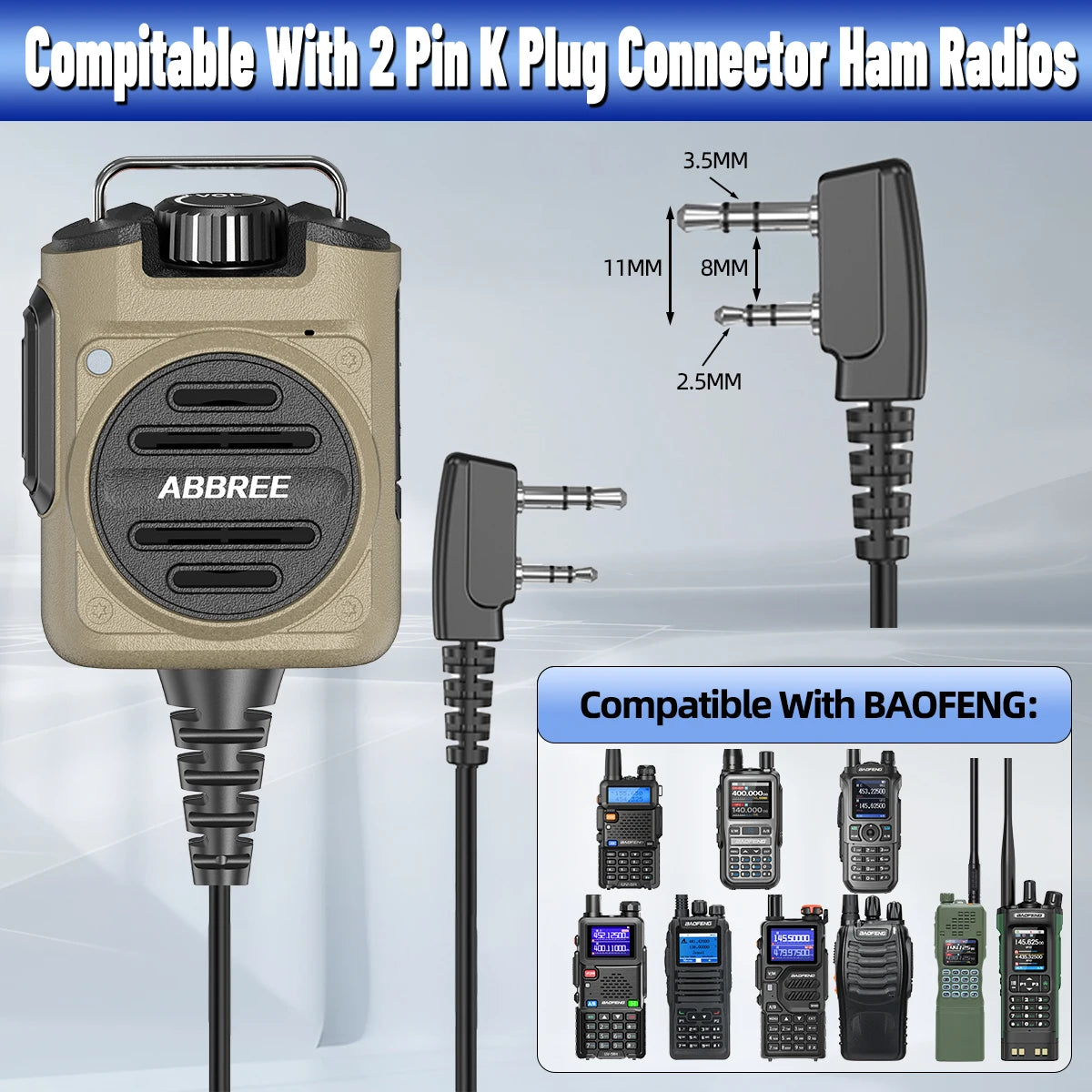 ABBREE AR-158 Speaker Mic Long Standby Volume Adjustable Clear Sound Compatible with Baofeng UV-5R Mini UV-5RH K Type Ham Radio