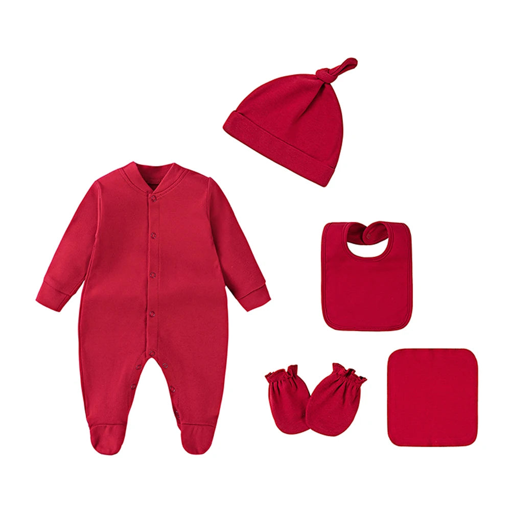100% Cotton Newborn Baby Sets Hospital Baby Girl Clothes Set Pink Long Sleeve Footed Romper+Hat+Drool Bib+Glove Outfits Gift Box