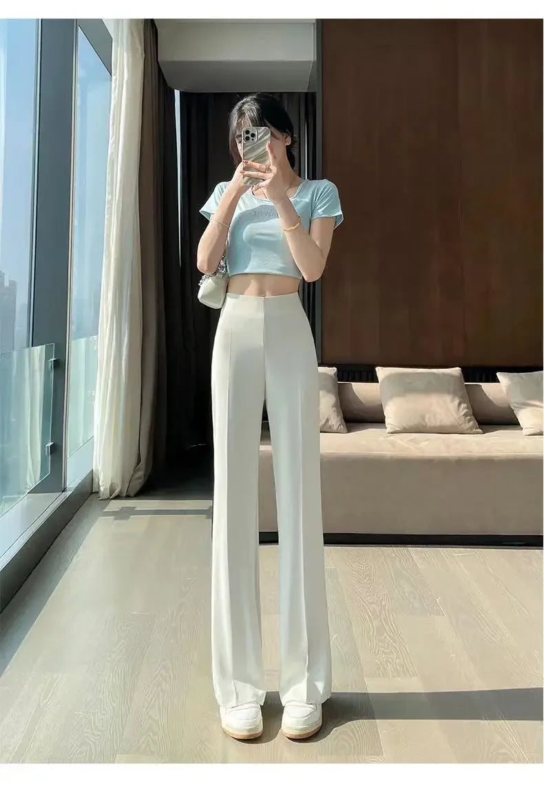 Solid Tailoring High Waist Female Pants Straight Leg Work Loose Clothes Baggy Office Trousers for Women Casual Original Nylon G