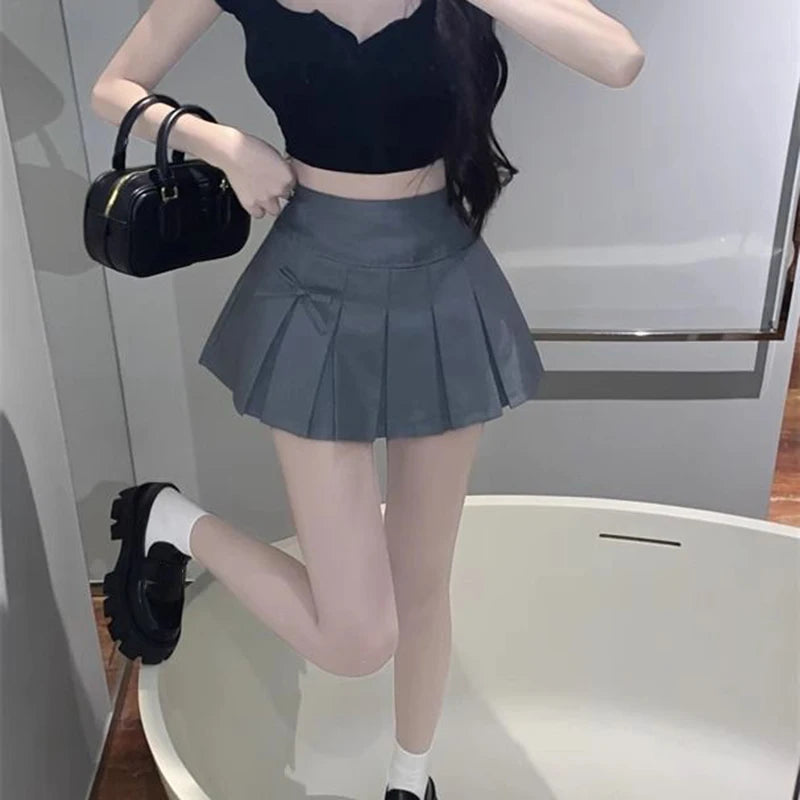 Bow Decor Women's Pleated Mini Skirts Korean Fashion High Waist Short Skirt Woman Streetwear Dance Tennis A Line Skirt Female