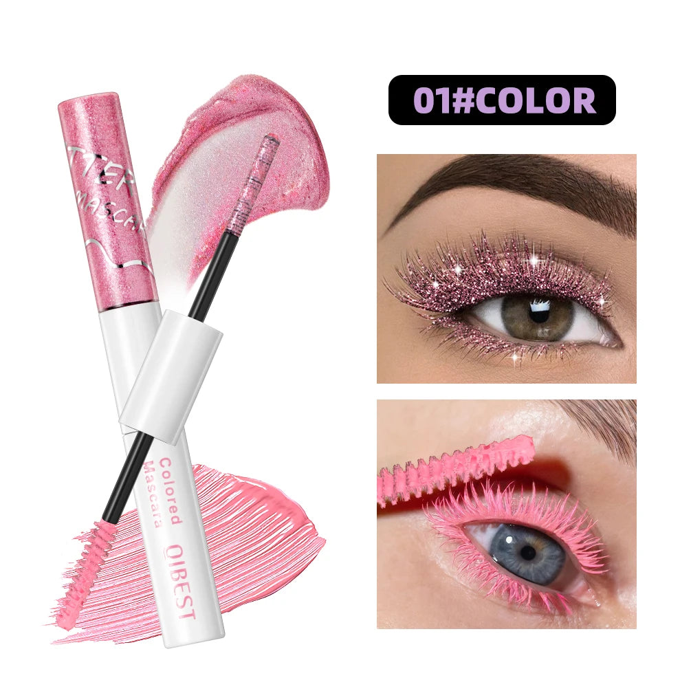 QIBEST Double Head Diamond Glitter Mascara Lasting Colored Mascara Eyelashes Pink Blue Green Red Brown Voluminous Mascara Rimel