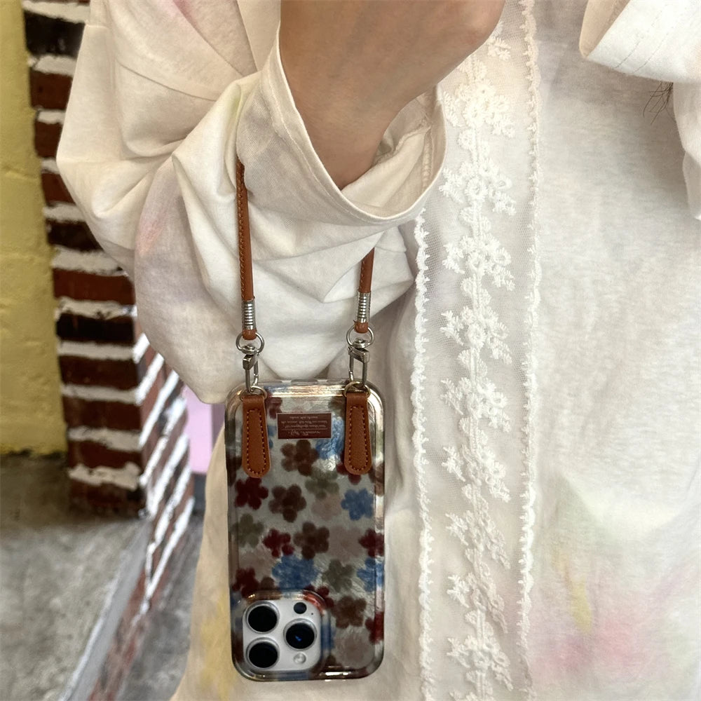 Fashion INS Flower With Leather Wrist Strap Case For iPhone 15 14 13 16 Pro Max 16 Shine Sliver Laser Korea Style Back Cover