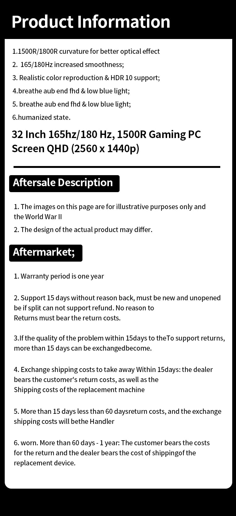 LXZ Curved 32 Inch Gaming Monitor 1800R, 2K QHD 165hz Frameless Display 99% sRGB, 178°Wide Viewing Angle, Display Port HDMI