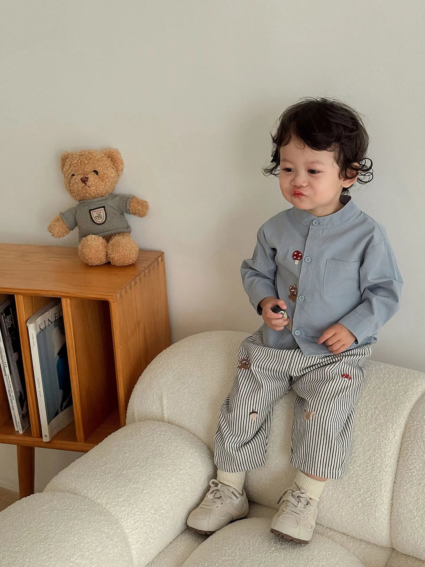 2025 Fall New Toddler Kids Pants Cotton Cartoon Embroidered Harem Pants Baby Boy Casual Striped Denim Baggy Trousers