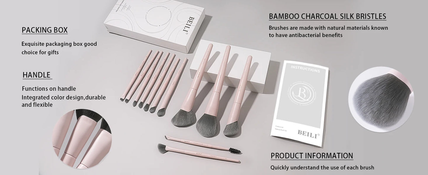 BEILI Vegan Professional Makeup Brush Set 12 Pcs Corn Bamboo Silk Angle Powder Foundation Eyeshadow Eyeliner Brushes Cosmetics