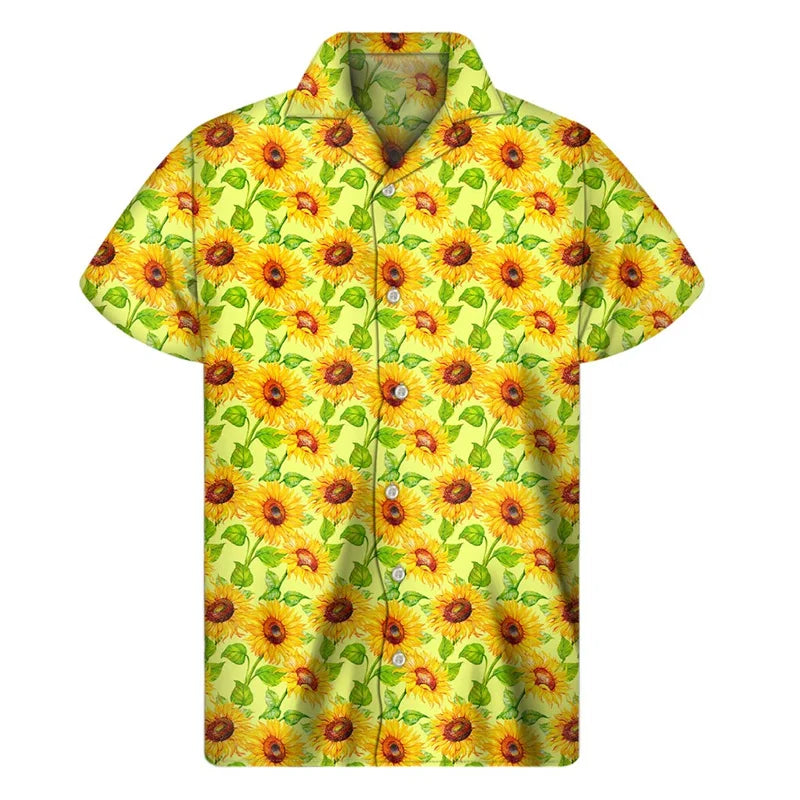 3d Plants Sunflower Print Shirt For Men Fashion Classic Short Sleeve Summer Vacation Shirts Breathable Tops Hawaiian Shirts