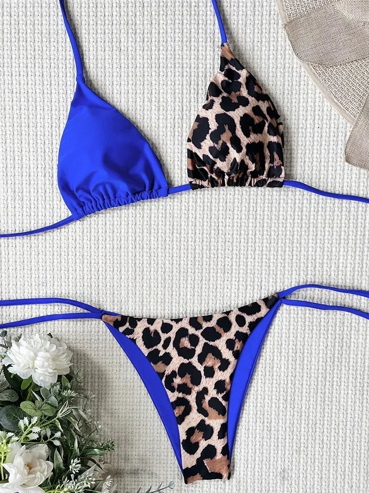 Halter Splicing Leopard Bikinis 2026 Satin Bikini Female Swimsuit Women Swimwear Two-pieces Bikini Set Micro Bathing Suit Swim