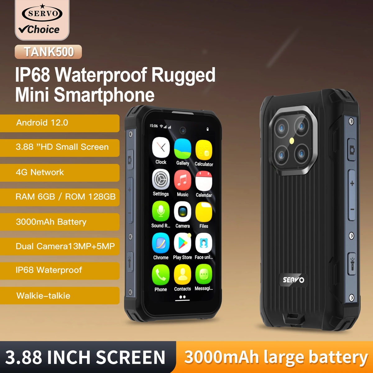 SERVO TANK500 4G PTT Smartphone Android 12 6+128GB Dual Camera 5MP+13MP 3.88"Display IP68 Waterproof Rugged Mobile Phone 3000mAh