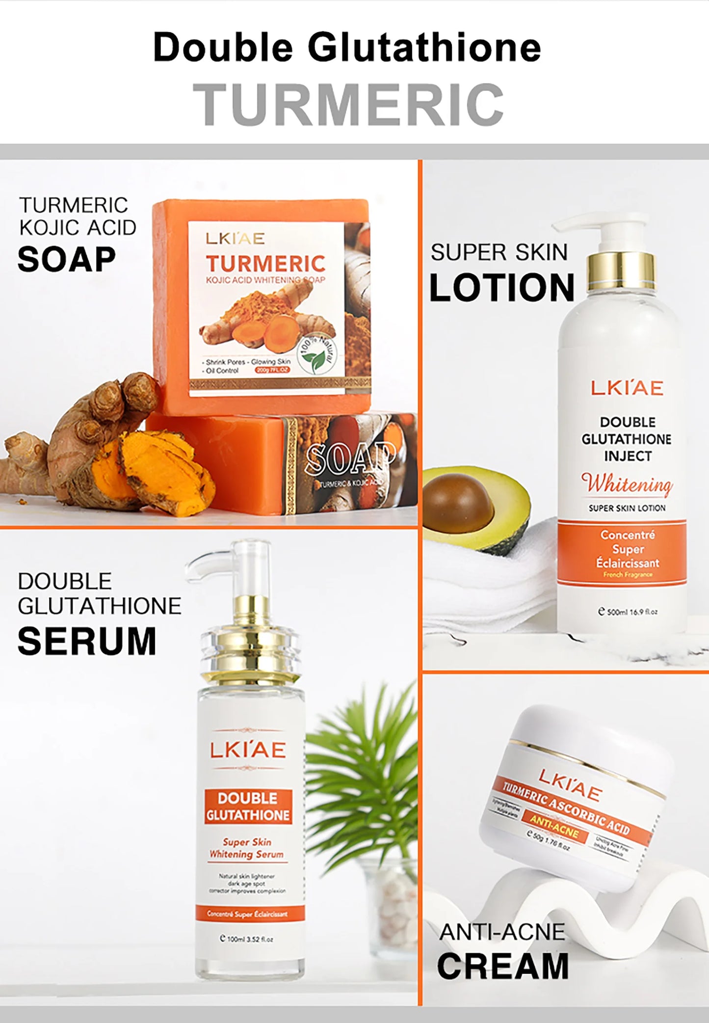 AILKE Whitening and Acne Removal Skin Care Set, With Glutathione, Vitamin C, Aloe Vera, Moisturizes, Evens Skin Tone