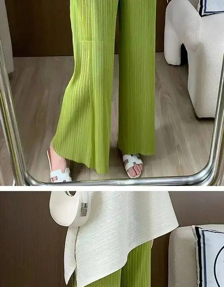 LANMREM patchwork design women's Pleated trousers elastic High Waisted Draped Straight Wide Leg Pants 2025 chic new 2DB3871