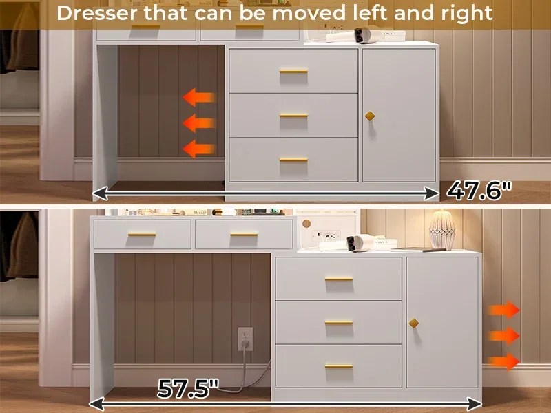 Vanity Desk, Makeup Vanity with Lights &amp; Charging Station and Ambient Light, Vanity Table with Dresser, Bedroom Furniture