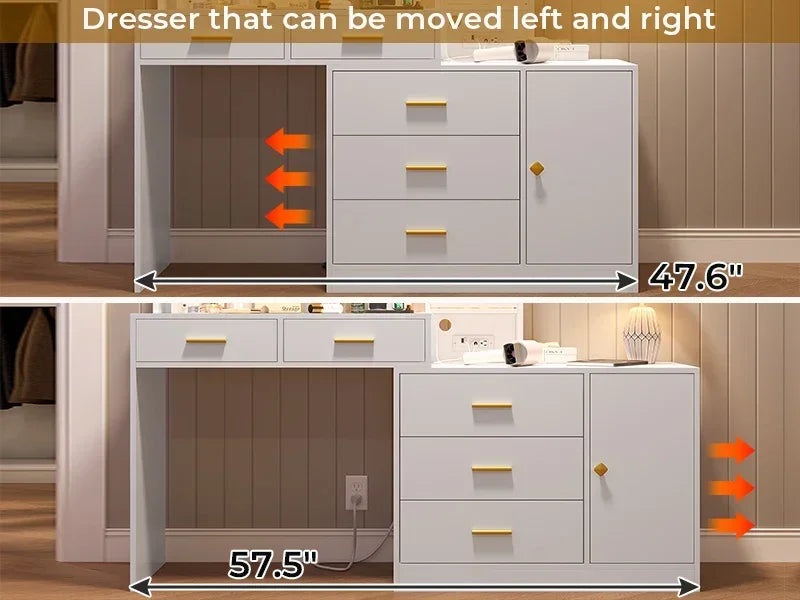 Vanity Desk, Makeup Vanity with Lights & Charging Station and Ambient Light, Vanity Table with Dresser, Bedroom Furniture