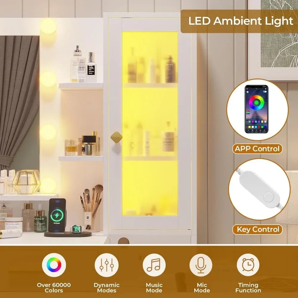 Vanity Desk, Makeup Vanity with Lights &amp; Charging Station and Ambient Light, Vanity Table with Dresser, Bedroom Furniture