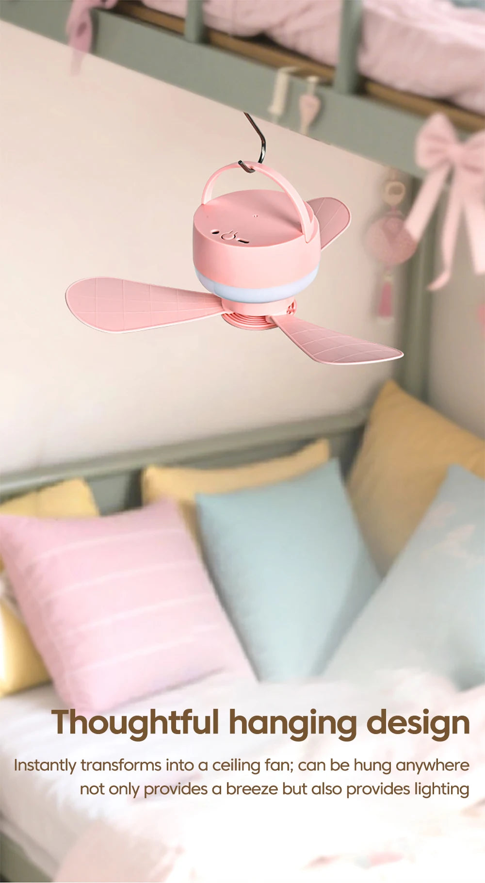 1.5/3M Ceiling Fan With LED Light and Remote Control USB Charging Household Outdoor Camping Tent Student Dormitory Bed Small Fan