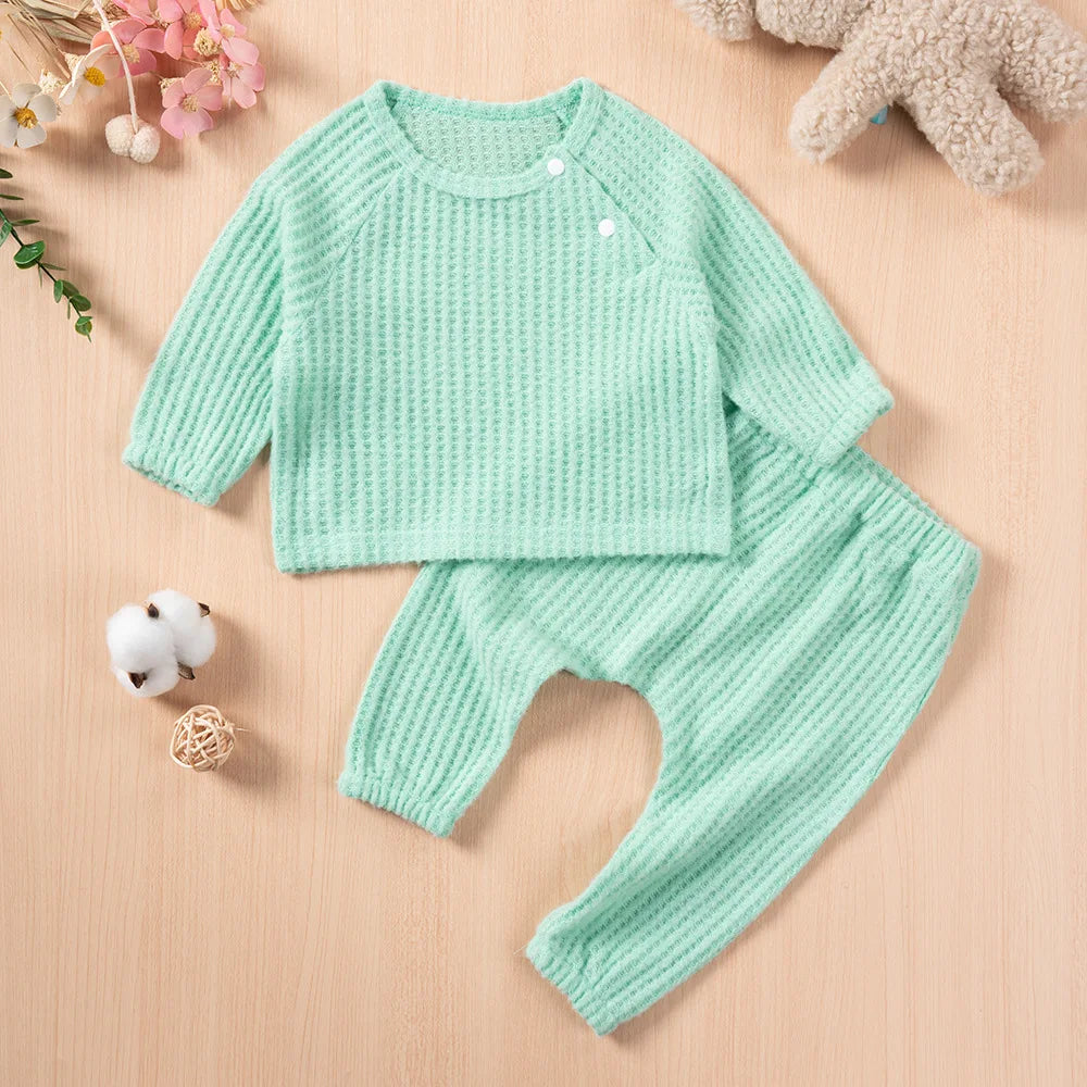 Baby Boys Girls Autumn Winter Set Pure Color Houndstooth Long Sleeve Round Neck Top with Long Pants Cute 1-3 Years Old Outfit