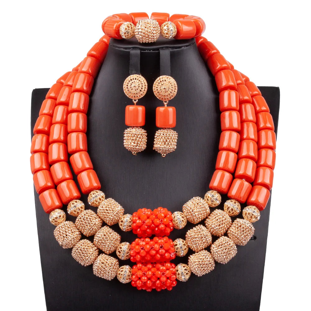 32 inches Long Orange Beads African Jewelry Set Women Bridal Party Costume Necklace Jewelry Set