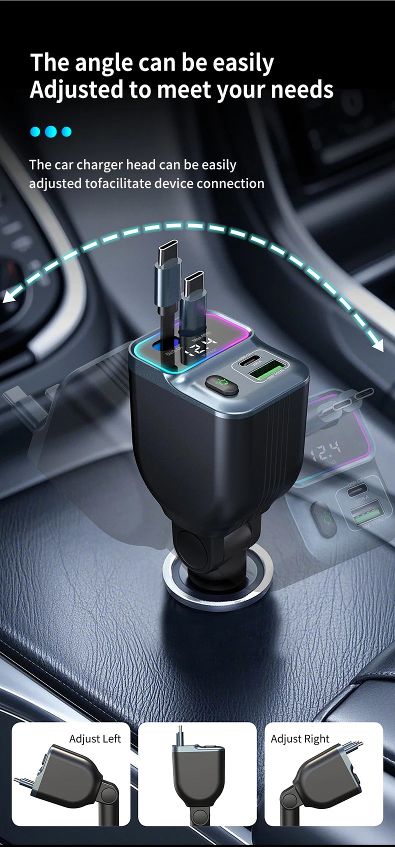 Scalable Car Charger 4in1 Fast Charging Car Charger with 72W Retractable Cable and PD65W USB Port Compatible with Type-C Adapter