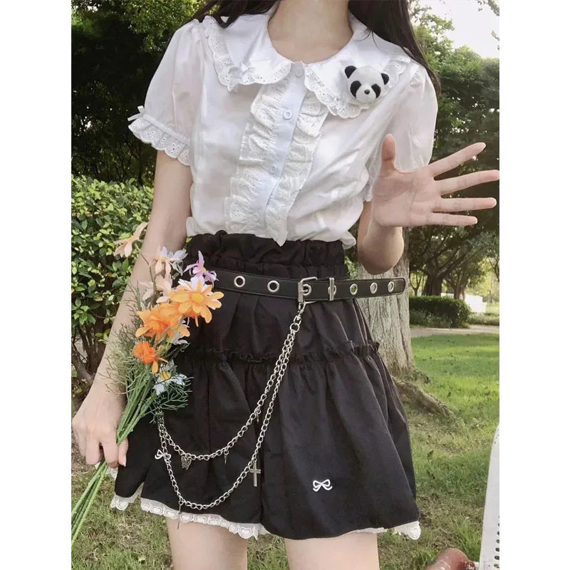 Deeptown Kawaii Lolita Blouses White Women Cute Lace Tops Ruffle Shirts Vintage Puff Sleeve Japanese Preppy Style Sweet Tops