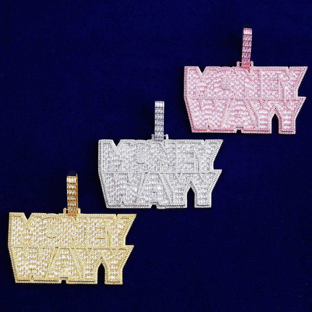 Bubble Letter Iced Out Money Wayy Necklace Pendant for Men Prong Setting Real Gold Plated Hip Hop Jewelry