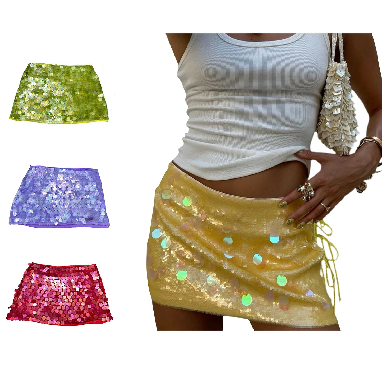 2025 New Fashion Women's Summer Mini Sequins Skirts Side Split Tie Up Skirt for Daily, Travel, Parties