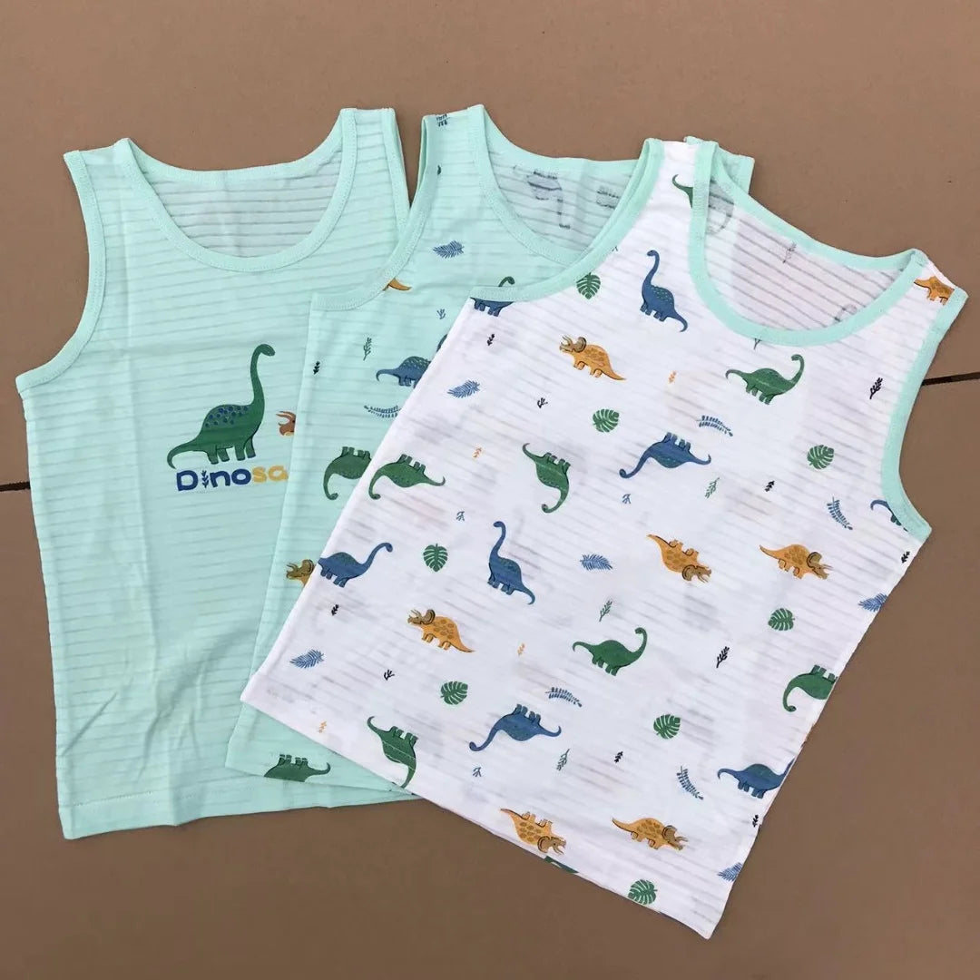 Boy Green Dino Prints Tank Shirt Children Cotton Underwear Kids Undershirts Breathable Tank Tops Size 3-12T Summer Home wear