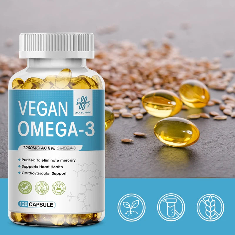IMATCHME 60PCS Vegan OVEGA-3 Deep Sea Fish Oil Capsules Rich DHA & EPA, Supports Brain, Eye & Heart Health Cardiovascular Support