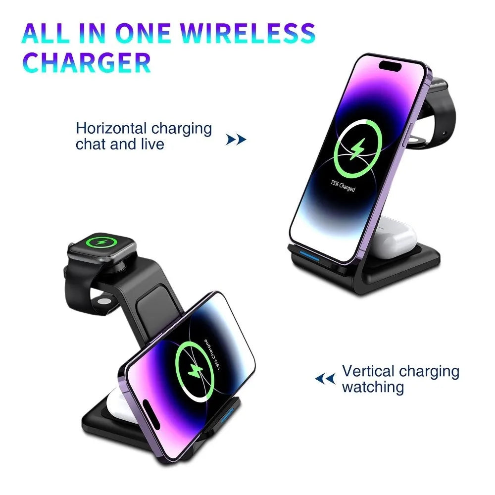 3 in 1 Charger Magnetic Wireless Charger Fast Charging Stand Function Charger Stand 15W Portable Charging Station Travel Charger