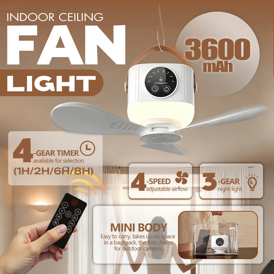 Mini Ceiling Fan, 4 Speeds, LED Screen, 3-Level Night Light, 4 Timers (1-8H), 3600mAh Battery, Remote, Quiet USB Fan for Camping