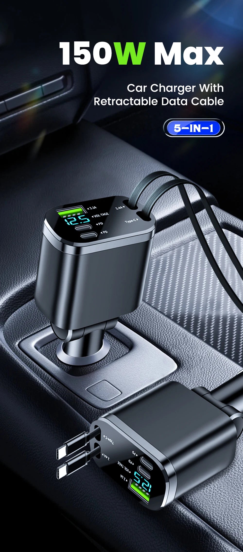 150w Car Charger USB+ Dual Type-C+Dual Type-C Stretching Cable PD Fast Charging Car Phone Digital Display Adapter For Cellphones