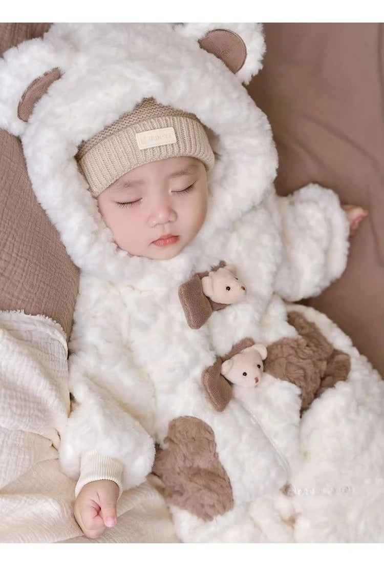 2026 Winter Baby Girls Boys Cute Cartoon Bear Soft Warm Fleece Hooded Rompers Infant Kids Long Sleeve Overalls Jumpsuit