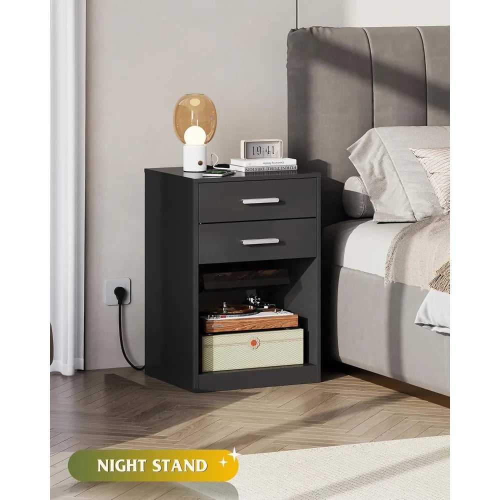 Nightstand Set of 2 with Charging Station,Wood Night Stand Sets with2 Drawers and Open Shelf,Bed Side Tables Bedroom,Living Room