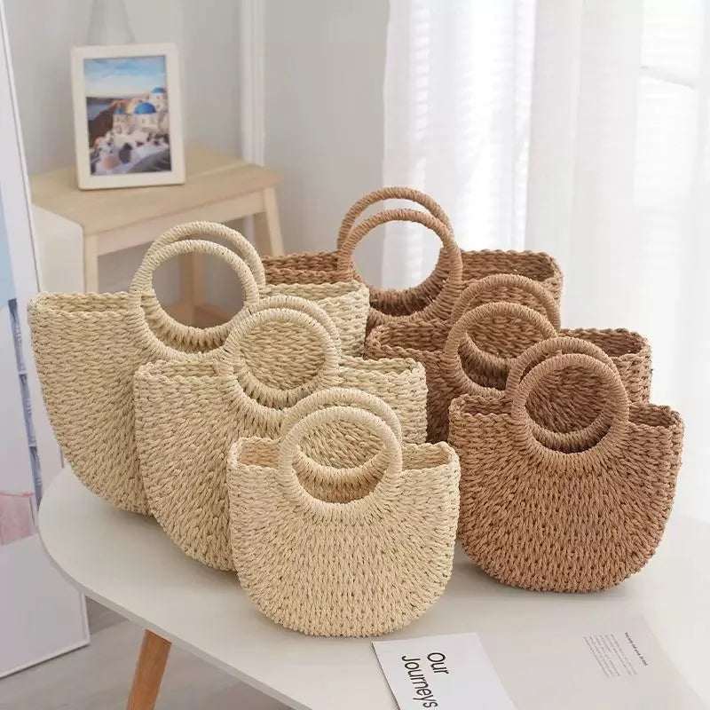 Hand Woven Straw Semicircle Tote Bag Large Capacity Handheld Crossbody 2-in-1 Beach Vacation Fashion Bag for Women