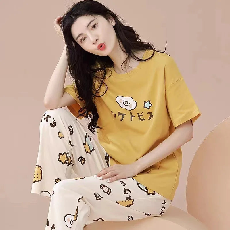 Pyjamas Set for Women‘s Short Sleeve Long Pants Student Casual Cartoon Bear Sweet Cuet Sleepwear Loungewear Romantic Nightwear
