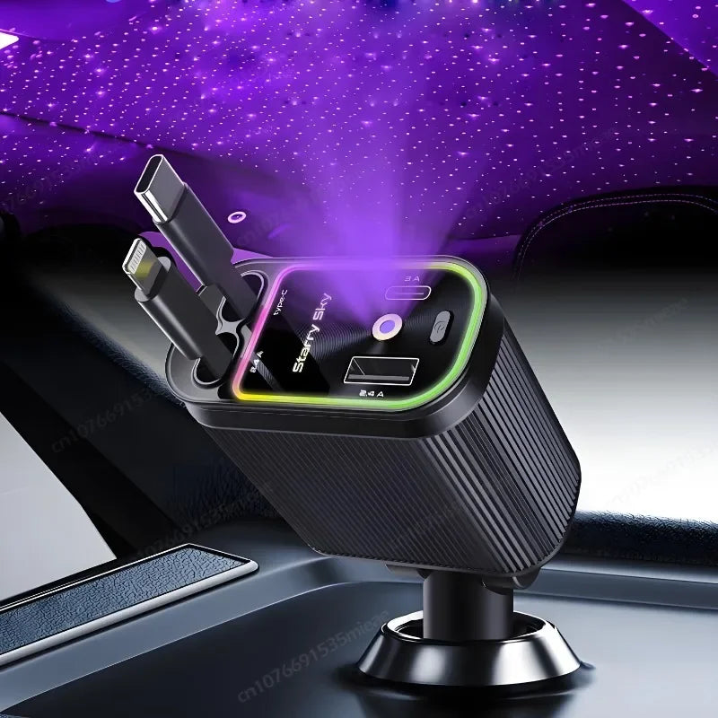 New Starlight in Car Roof Retractable Car Charger,66W 4 in 1 Fast Car Phone Charger,2 Retractable Cables & USB-C Charger Adapter