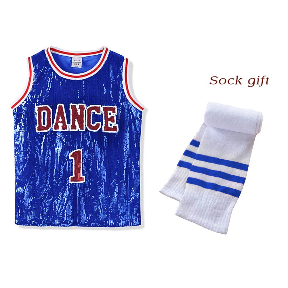 LOlanta Girls Hip Hop Dance Clothes Kids Jersey Sequin Dress Long Tank Top Jazz Cheerleading T-Shirt