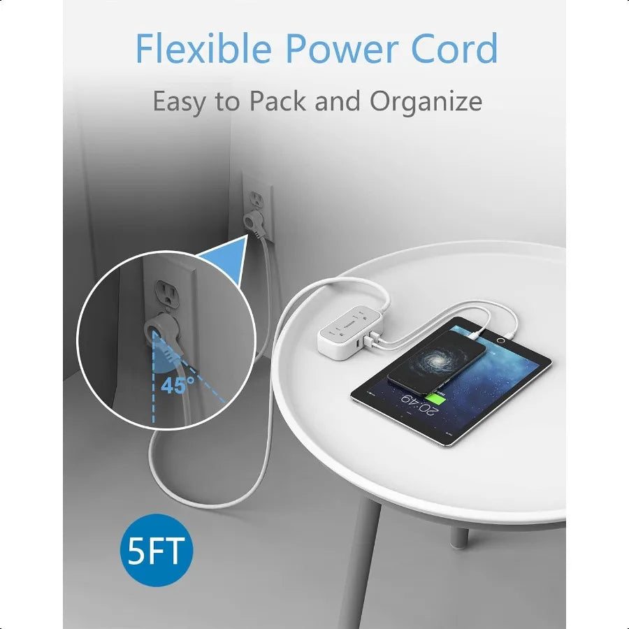 Small Power Strip Extension Cord with 2 AC Outlets 3 USB Ports Mini Desk Charging Station for Cruise Travel Office School Dorm