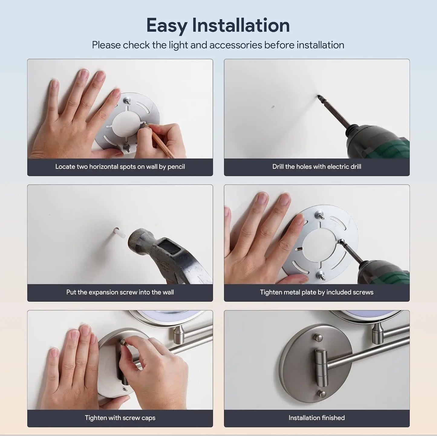 Self Priming Led Folding Bathroom Mirror Wall Mounted Light Bathroom Makeup Mirror 8 Inch 3X Magnifying Arm Extend Bath Mirrors