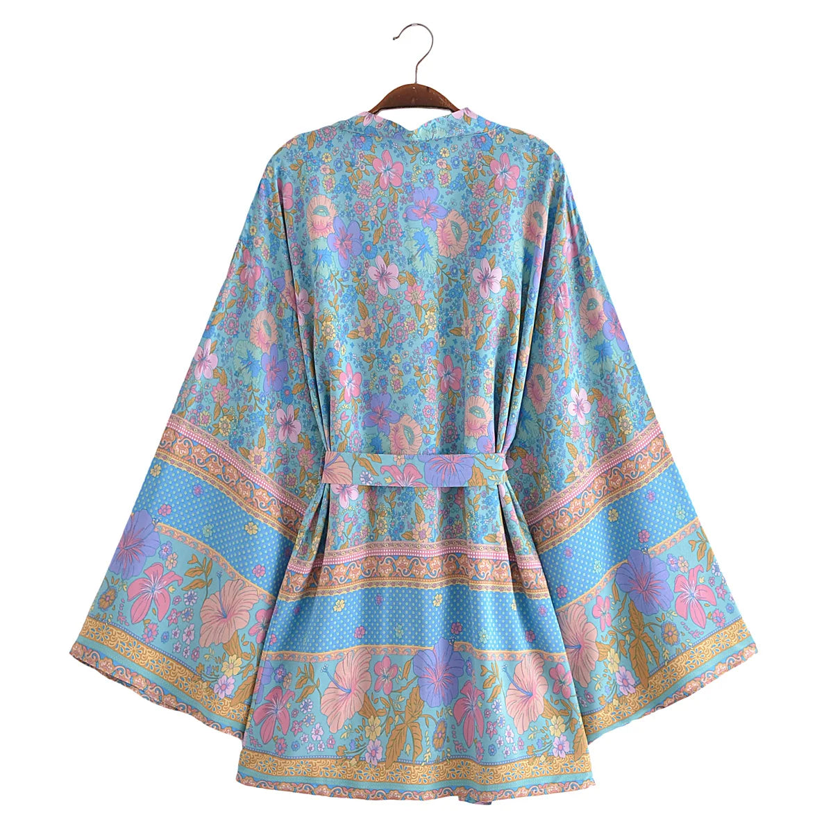 BOHO Women Blue With Pink Flower Print Kimono Shirt Holiday Tide Bow Sashes Mid Long Cardigan Summer Blouse Beach Cape
