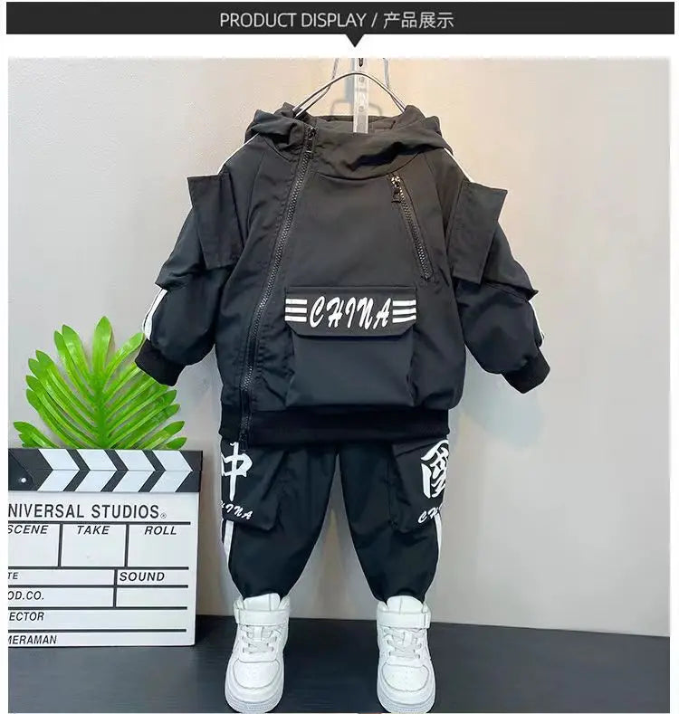 Baby Boys' Clothing Set Spring and Autumn New Handsome Children's Hooded Jacket Pants Two Piece Clothing Sports Set 2-9Y