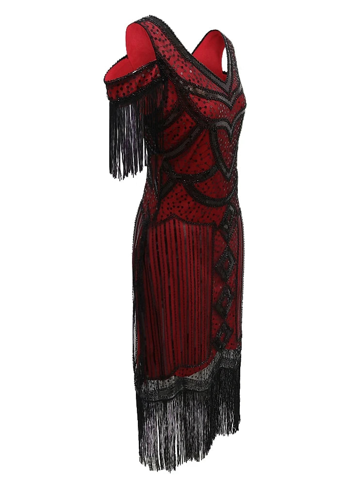 Women Fringe 1920s Flapper Dress 20s Gatsby Themed Party Dress Vintage V-neck Off Shoulder Sequin Beaded Cocktail Dress