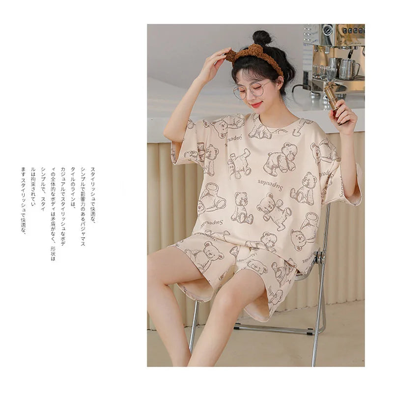 New Women's Pajamas Two-Piece Summer Thin Section Of Short-Sleeved Shorts Cute And Comfortable Milky Outwear Homewear Suit