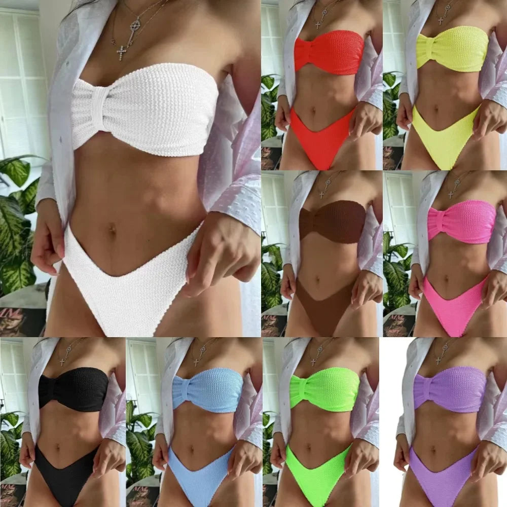Pure Color Bikini Swimsuit Two-Piece Strapless Crossbody Women's Swimwear Trendy Beachwear Cross-Border Popular