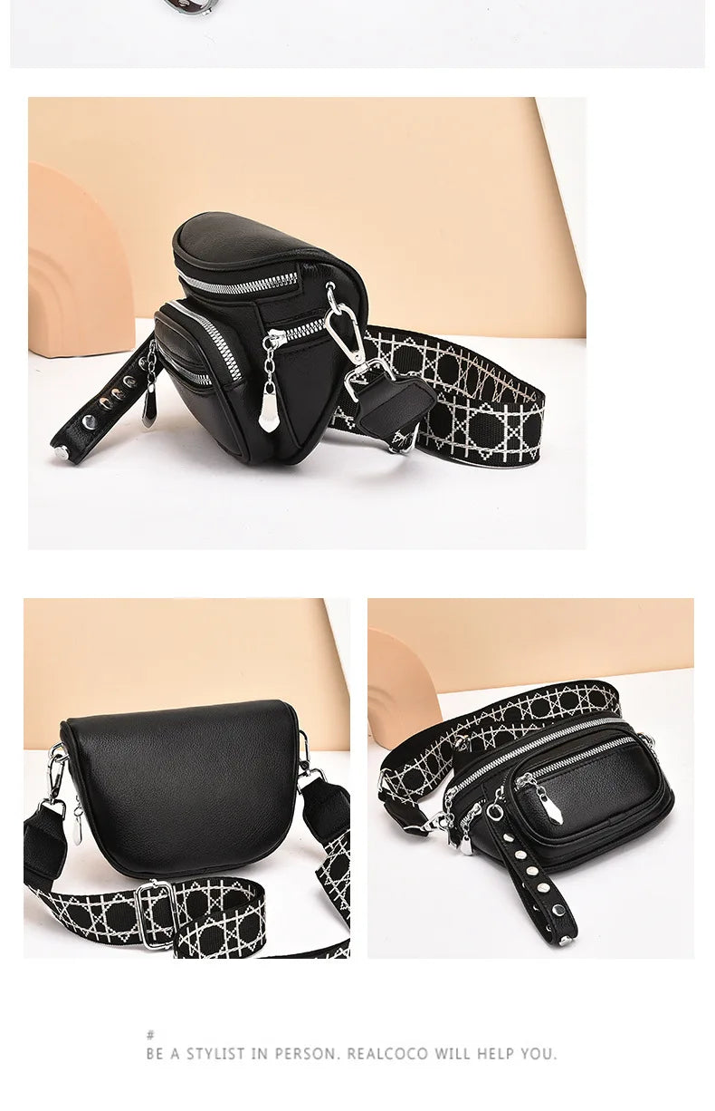 Luxury Multi-pocket 100% cowhide Crossbody Bags For Women Black Shoulder Messenger Handbags Small Chest Bag Travel Saddle bag