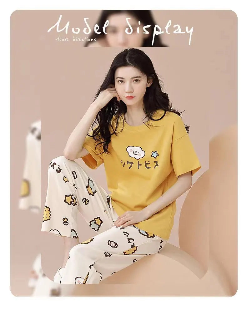 Pyjamas Set for Women‘s Short Sleeve Long Pants Student Casual Cartoon Bear Sweet Cuet Sleepwear Loungewear Romantic Nightwear