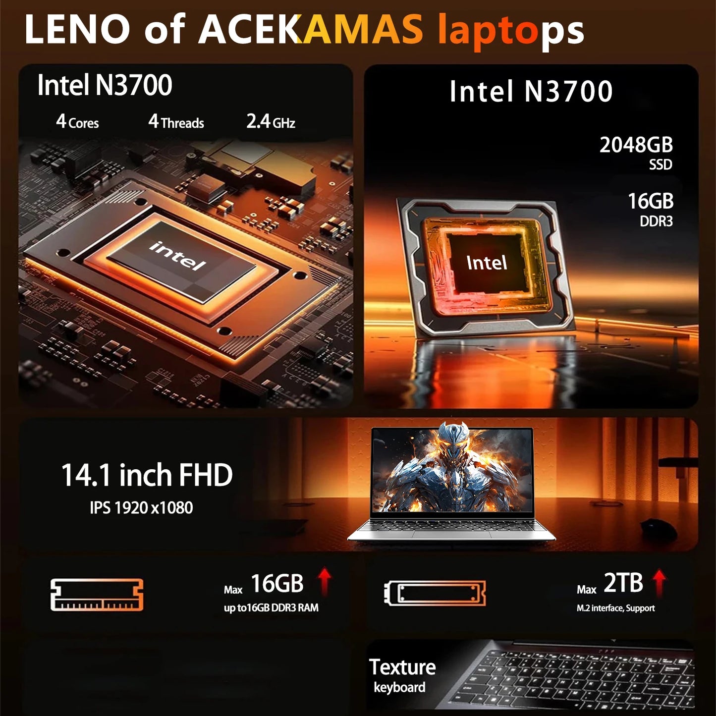 LENO Ultra Slim 14.1" Laptop Intel N3700 16GB 1TB 2TB Gaming Computer PC Windows11 Gamer office Ultra Slim Notebook 1920*1080