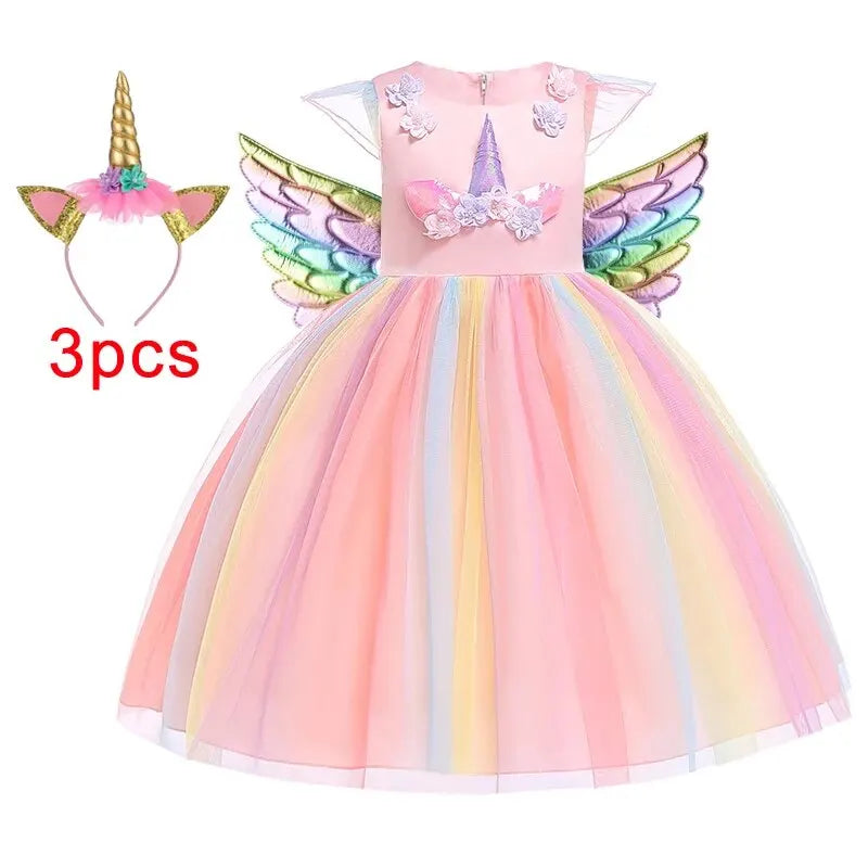 Girl Unicorn Halloween Fancy Princess Dress Teen Girls Rainbow Colorful Cosplay Costume Kids Birthday Party Dresses Tulle Wear