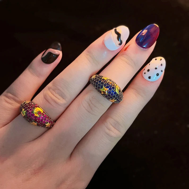 2025 Gold Color Rainbow Fashion Bling Moon Star Ring For Women Men Hip Hop Iced Out Paved Colorful Neon Enamel Luxury Jewelry